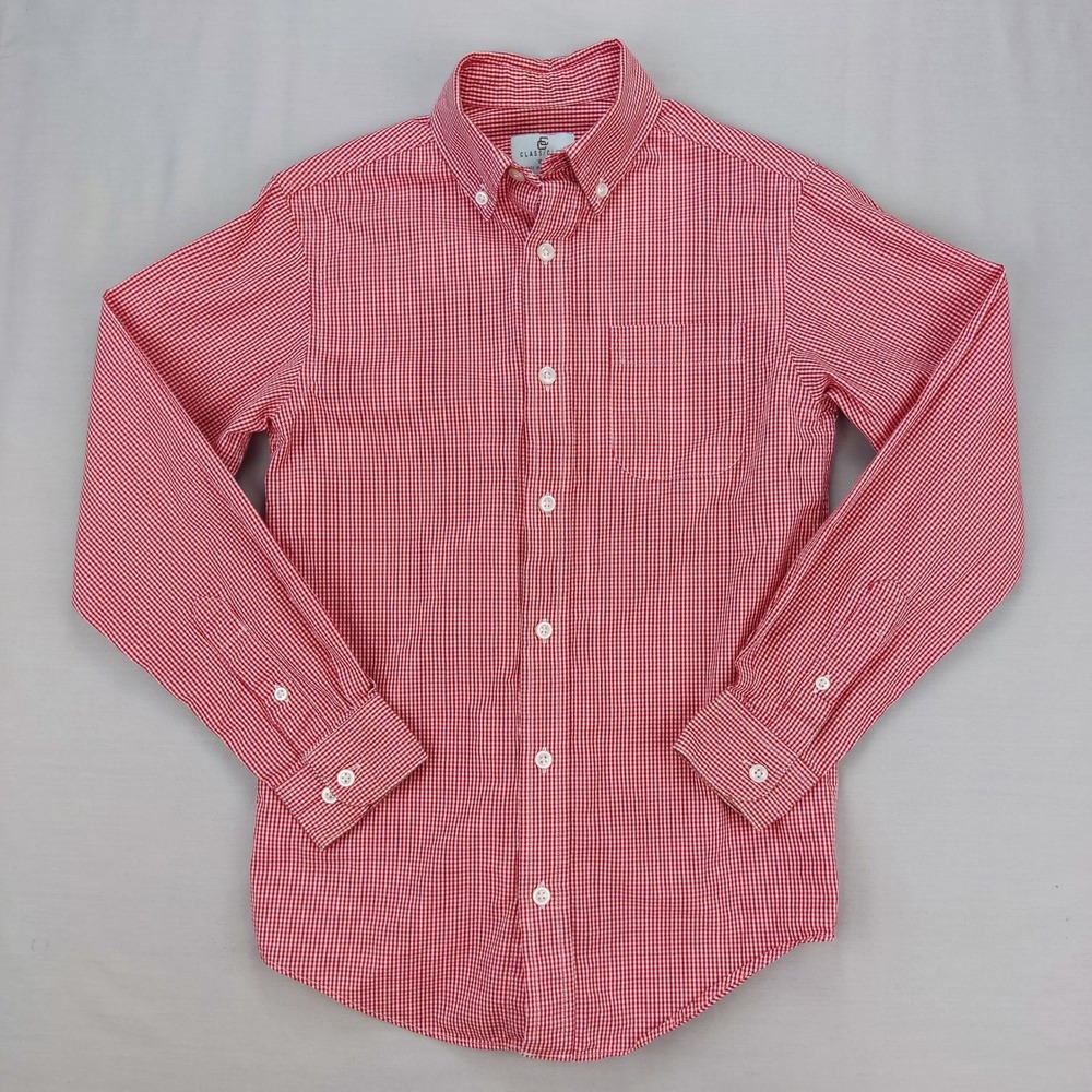 Class Club Button Down Shirt Boys 10/12 Red Gingham Check Long Sleeve Formal Top